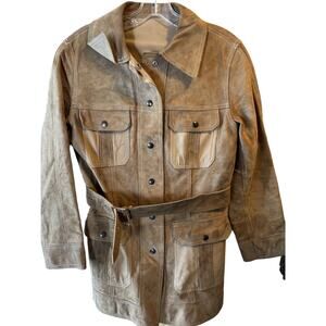 Unbranded Women’s M Brown Long Sleeve Button Down Belted Suede Leather Jacket